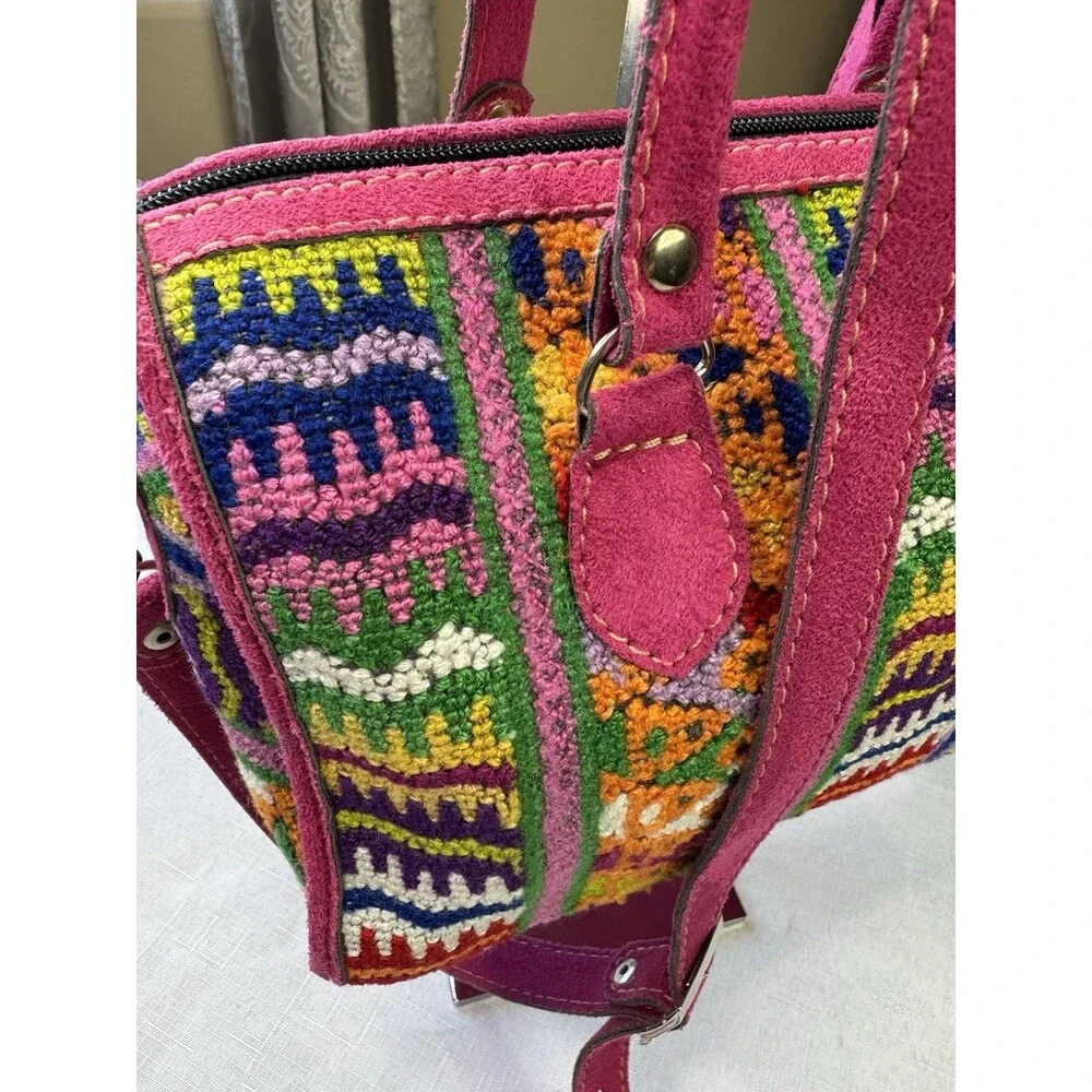 Meda Guatemala Huipil Embroidered Handbag Crossbody Purse Suede Leather Boho - Picture 4 of 14